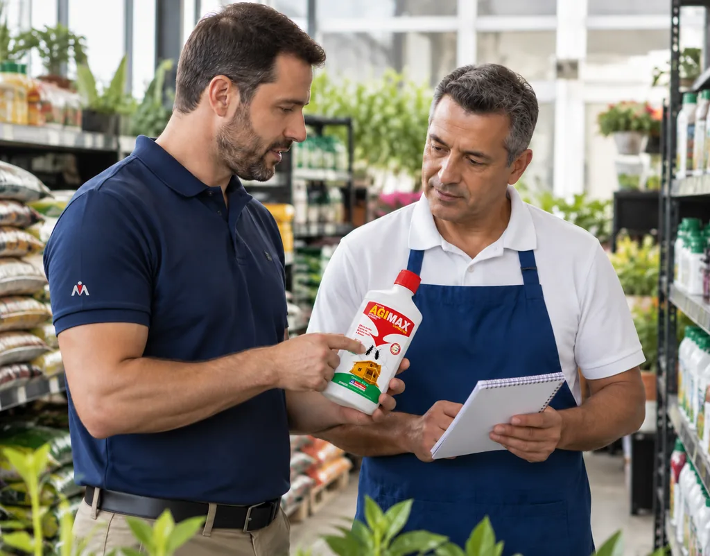Dois representantes comerciais da Insetimax em atendimento consultivo no ponto de venda, com o produto ÁGIMAX em destaque